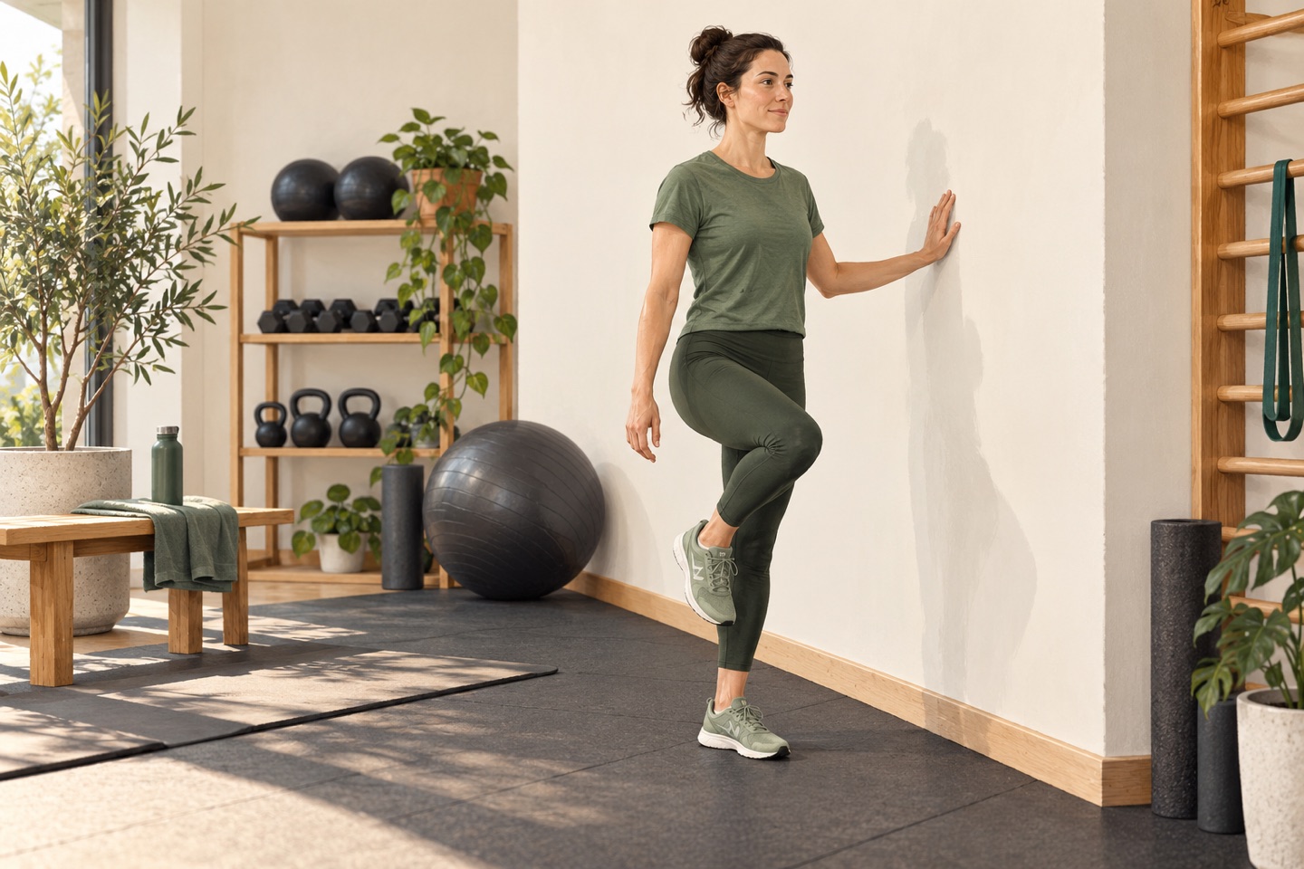 Editorial illustration of a woman practising single-leg balance beside a wall.