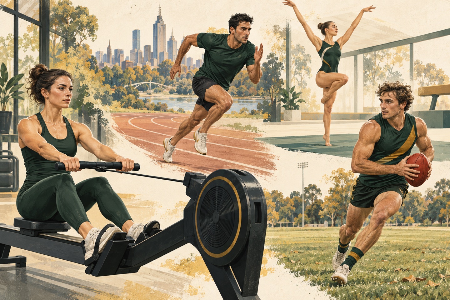 Editorial illustration of adult athletes rowing, sprinting, practising gymnastics and playing Australian football.