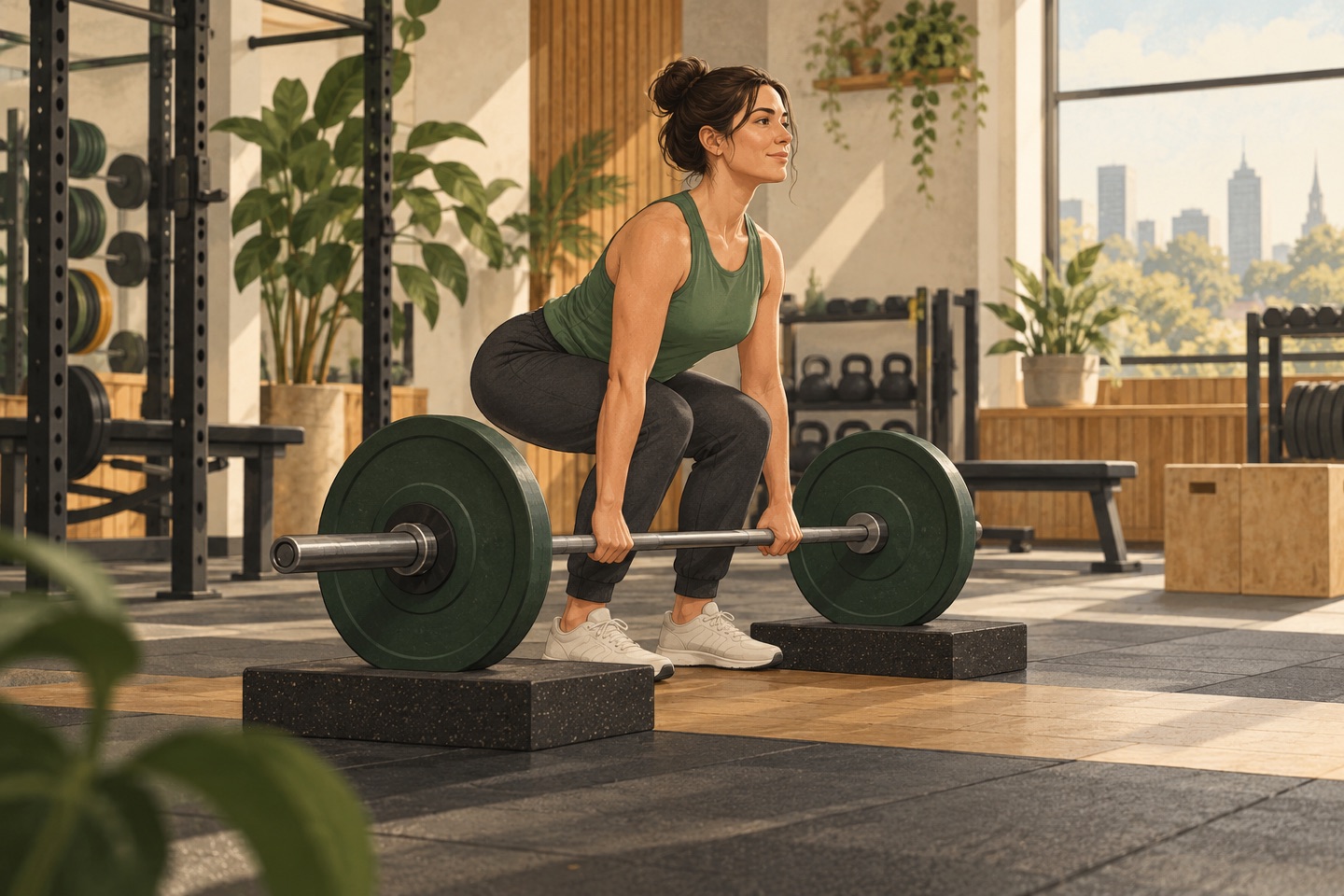 Editorial illustration of a recreational lifter performing a controlled deadlift from blocks.