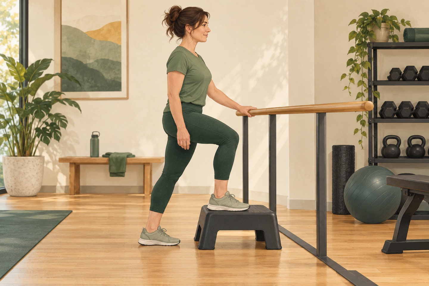 Editorial illustration of a woman performing a controlled low step-up with a handrail available.