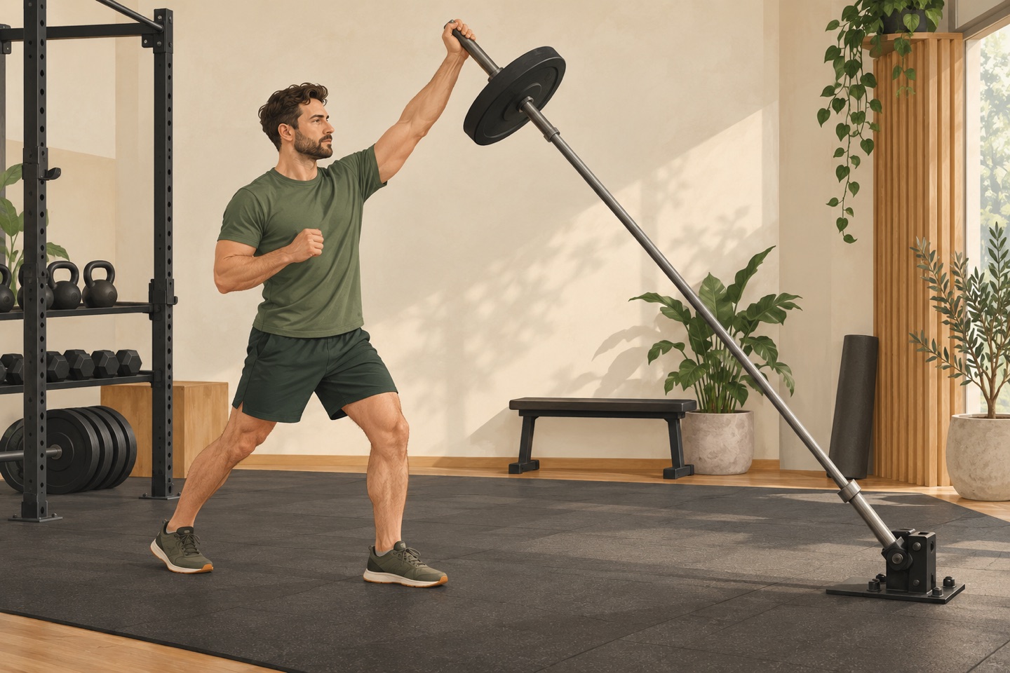 Editorial illustration of a man performing a single-arm angled landmine press.