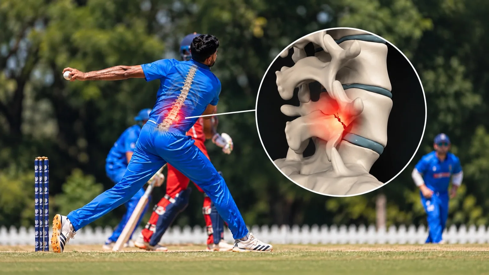 Fast bowler in his delivery stride with the lumbar spine highlighted, alongside an inset showing a stress fracture in a lumbar vertebra