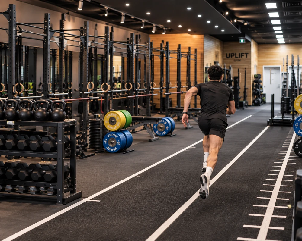A runner sprinting along the turf track inside Uplift Gym, Richmond, during a running assessment